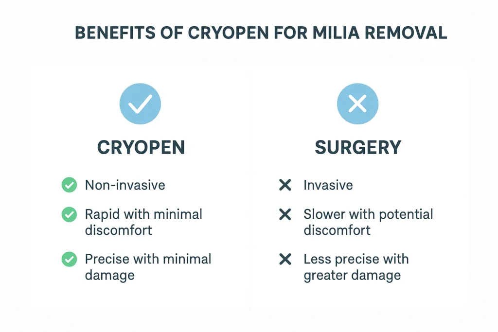 Benefits of cryopen for milia removal Hereford compared to surgical treatments.