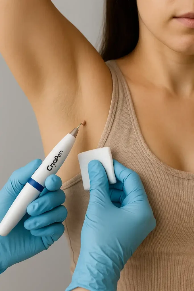 woman having cryopen to remove underarm skin tags Hereford