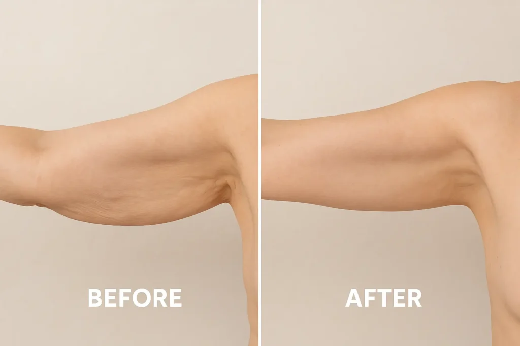 Picture of LA LIPO Hereford before and after results of skin tightening treatment on the upper arms.