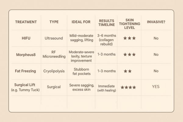 Table showing the comparisons of Skin tightening Hereford treatment options.